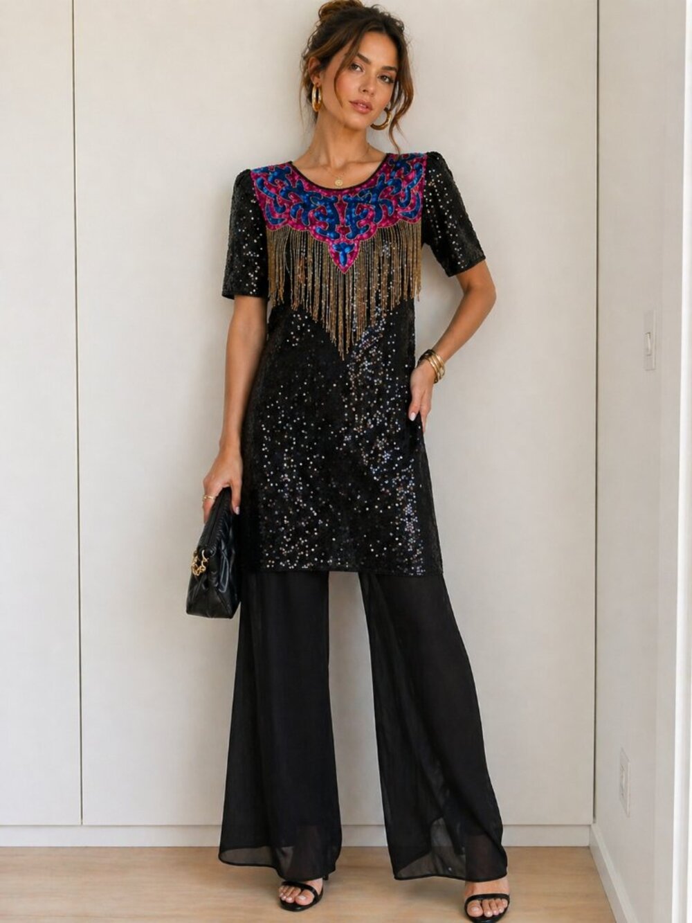 80s Vtg Silk Sequin Beaded Fringe Party Dress Black Siz eM 8-10 Cocktail